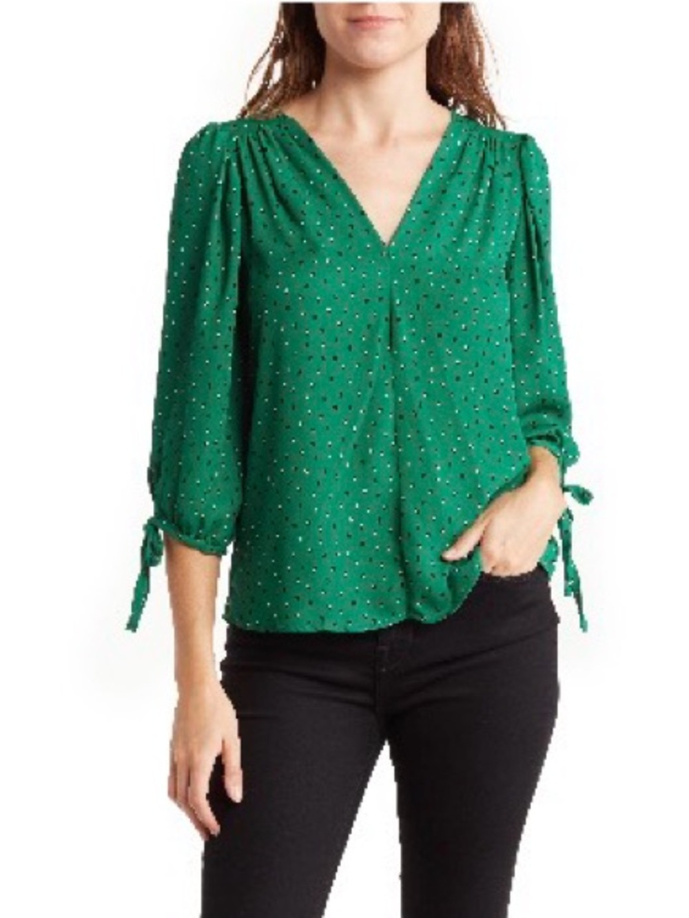 Renee C. Emerald Green Dot V-Neck Tie-Sleeve Blouse